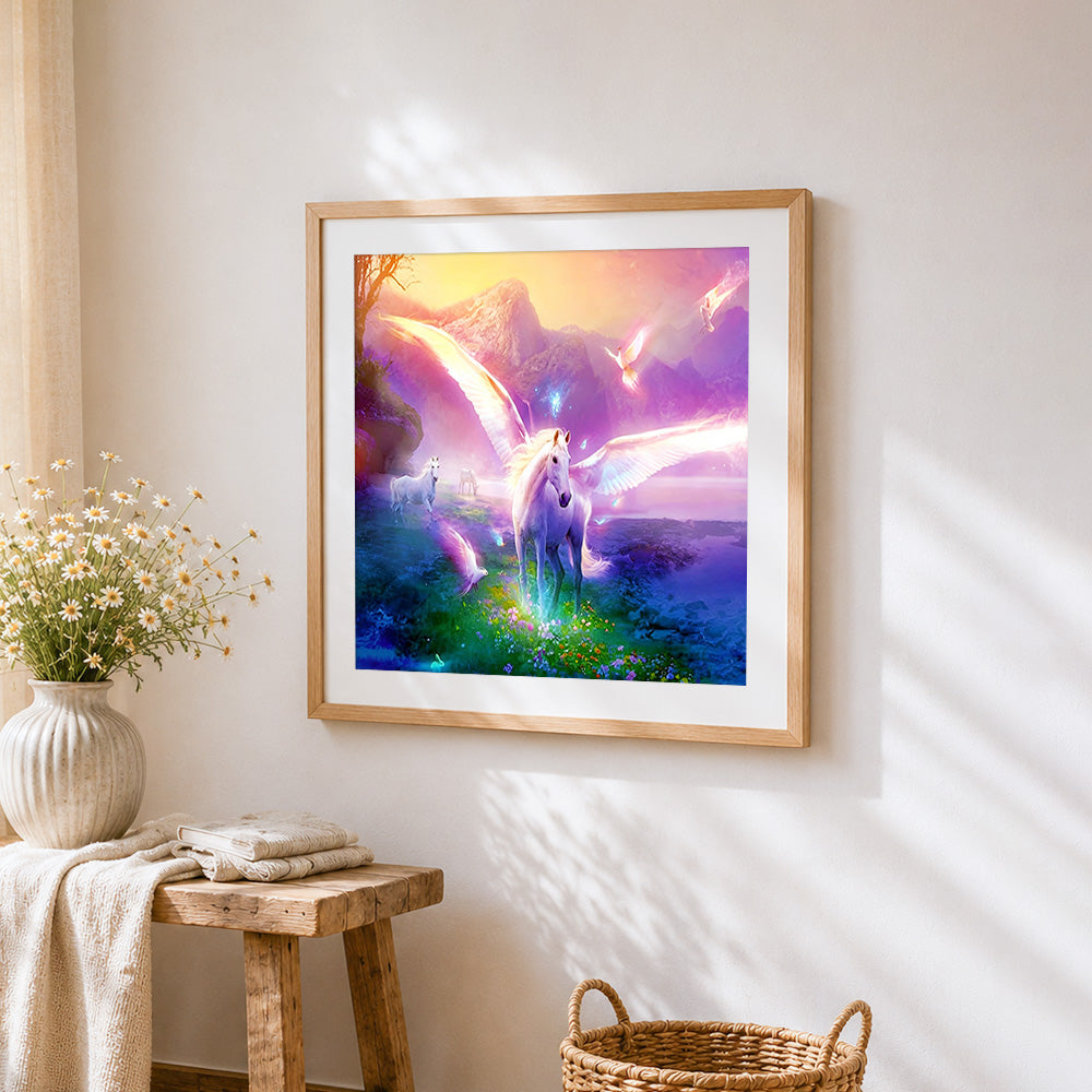 Majestic winged unicorn in a magical valley cross stitch artwork displayed on wall as home decor