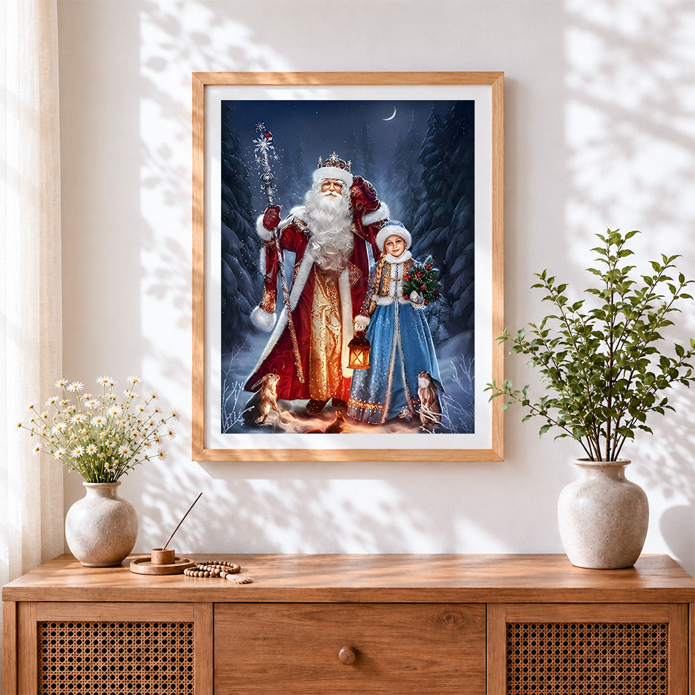 Finished majestic winter king and snow maiden cross stitch artwork displayed