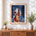 Finished majestic winter king and snow maiden cross stitch artwork displayed