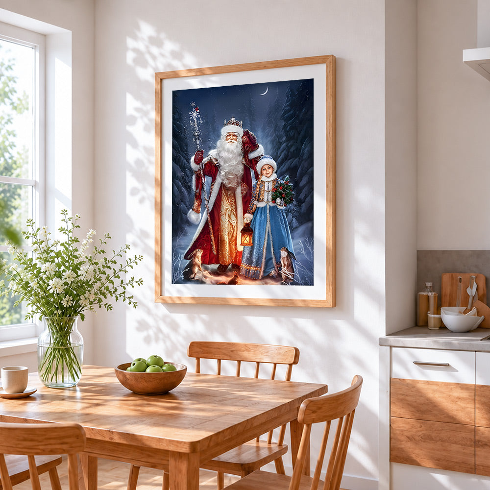 Majestic winter king and snow maiden cross stitch artwork displayed on wall as home decor