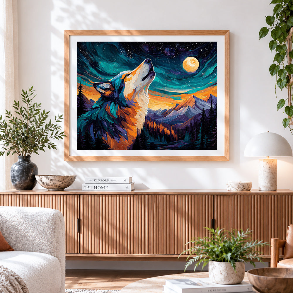 Finished majestic wolf howling at the moon cross stitch artwork displayed