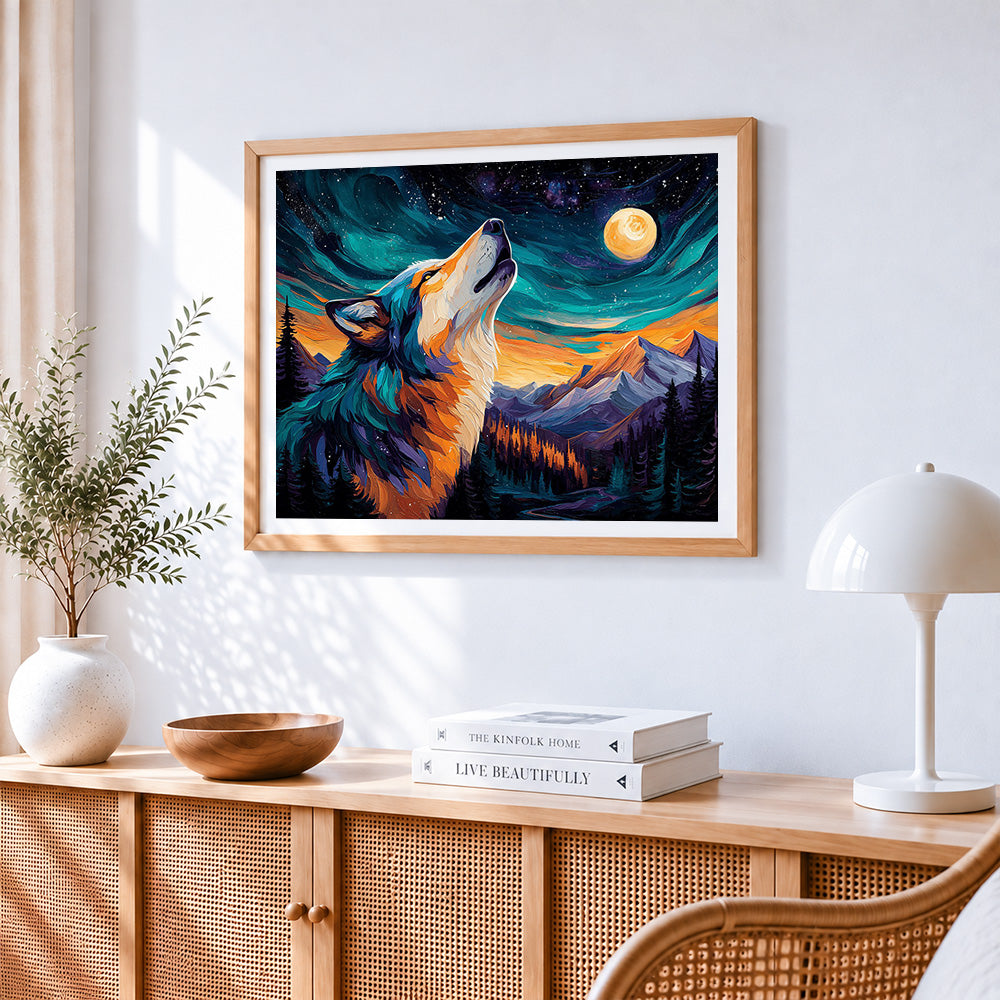 Majestic wolf howling at the moon cross stitch artwork displayed on wall as home decor