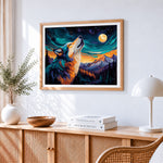 Majestic wolf howling at the moon cross stitch artwork displayed on wall as home decor