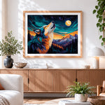 Finished majestic wolf howling at the moon paint by numbers artwork displayed as home decor