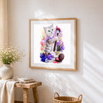 Makeup artist cat cross stitch artwork displayed on wall as home decor