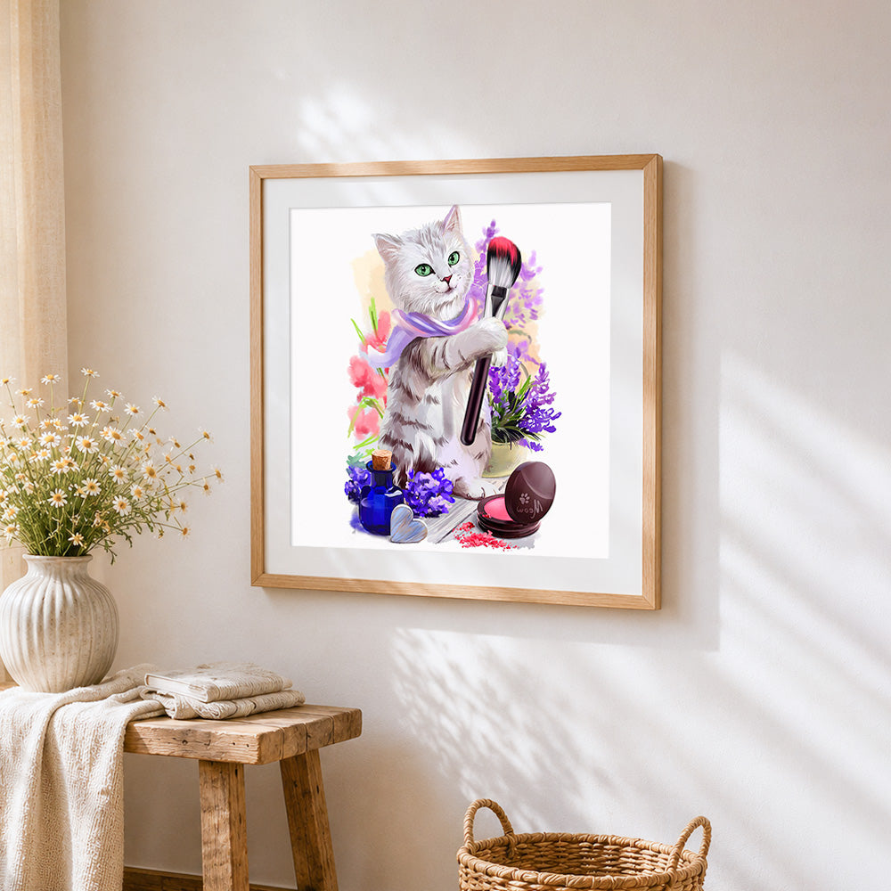Makeup artist cat cross stitch artwork displayed on wall as home decor