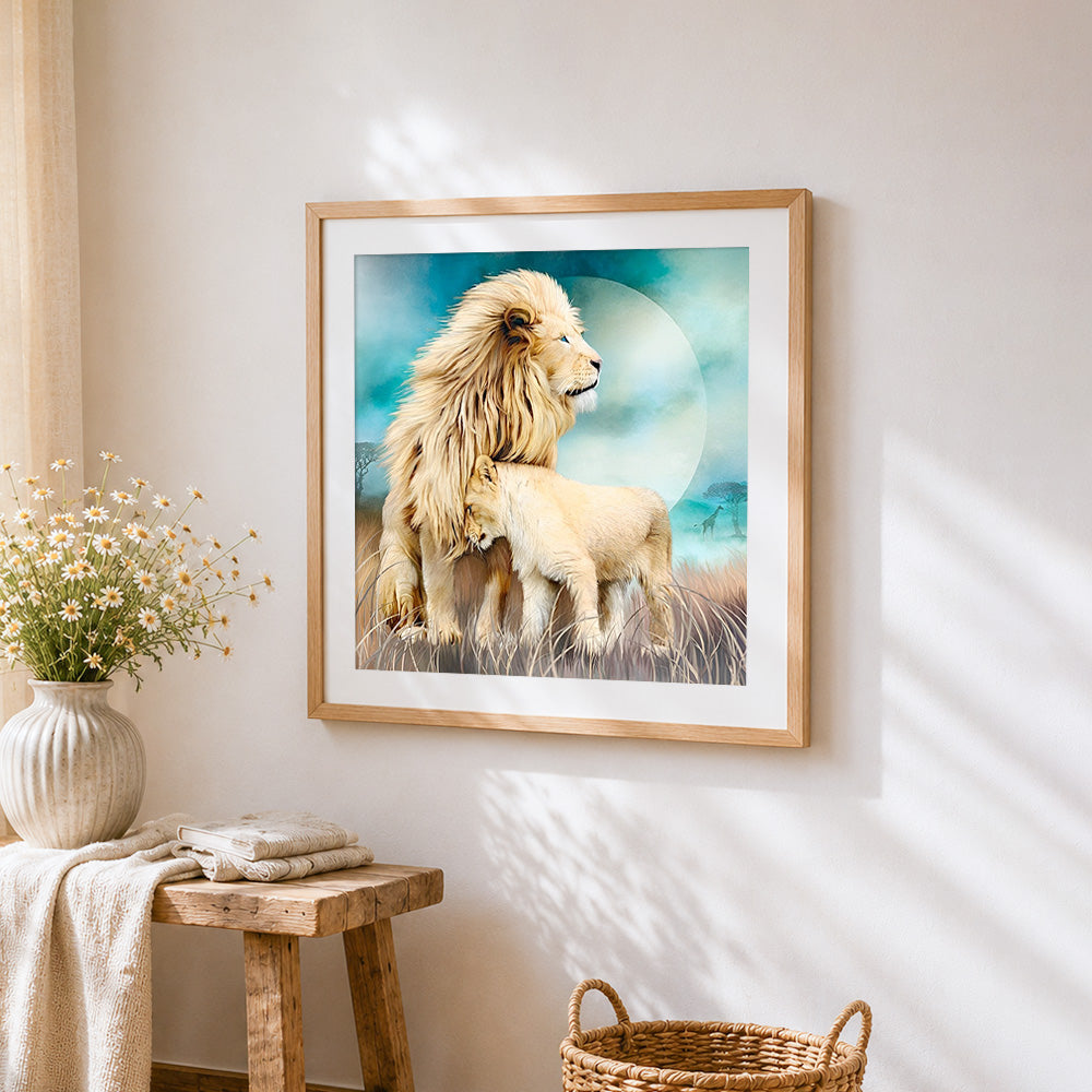 Male lion and cub cross stitch artwork displayed on wall as home decor