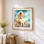 Male lion and cub cross stitch artwork displayed on wall as home decor