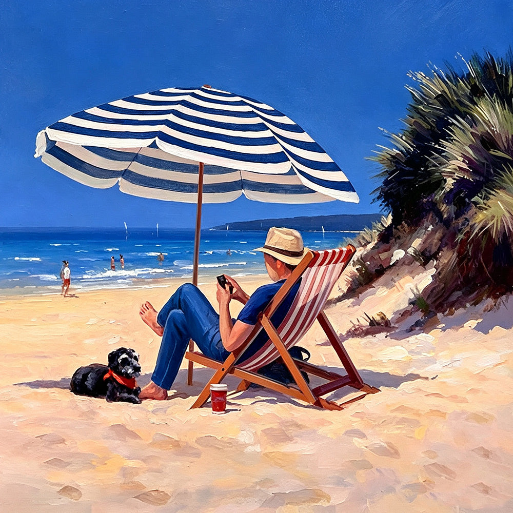 Man and dog relaxing on beach cross stitch kit for beginners