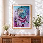 Finished mandala owl dreamcatcher cross stitch artwork displayed