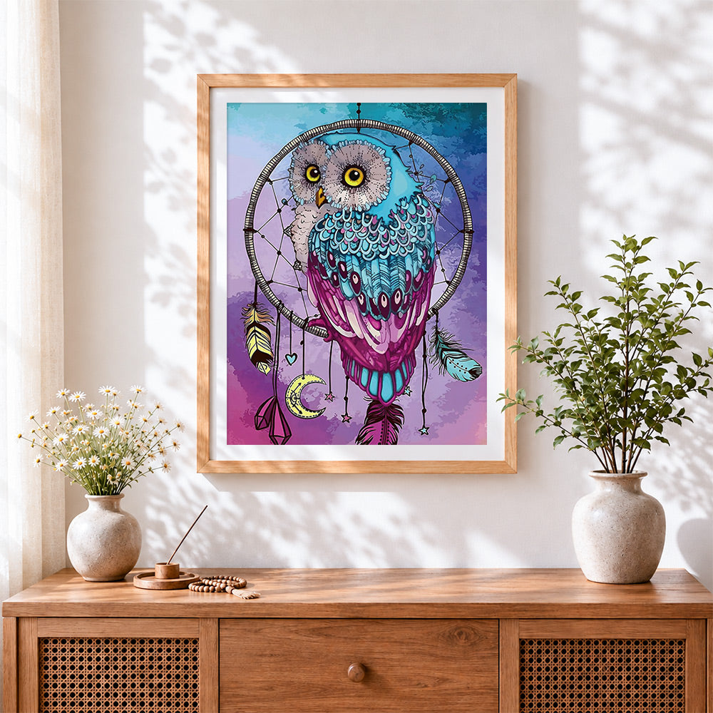 Finished mandala owl dreamcatcher paint by numbers artwork displayed as home decor