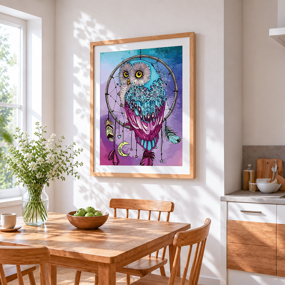 Mandala owl dreamcatcher paint by numbers artwork displayed on wall as home decor