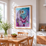 Mandala owl dreamcatcher paint by numbers artwork displayed on wall as home decor