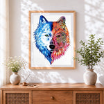 Finished mandala wolf split face cross stitch artwork displayed