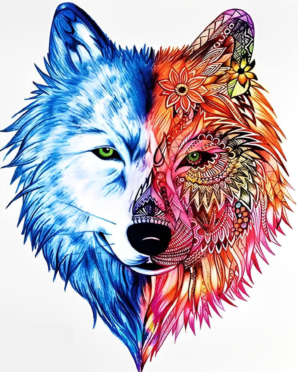 Mandala wolf split face cross stitch kit for beginners