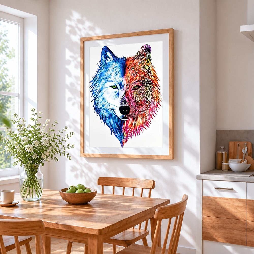 Mandala wolf split face paint by numbers artwork displayed on wall as home decor