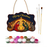 Manger holy family paint by numbers door hanger with paints and brushes