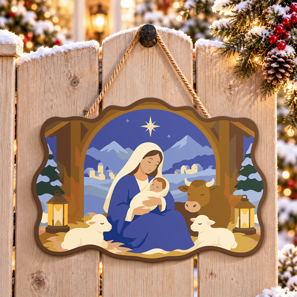 Manger holy night paint by numbers door hanger on a garden gate
