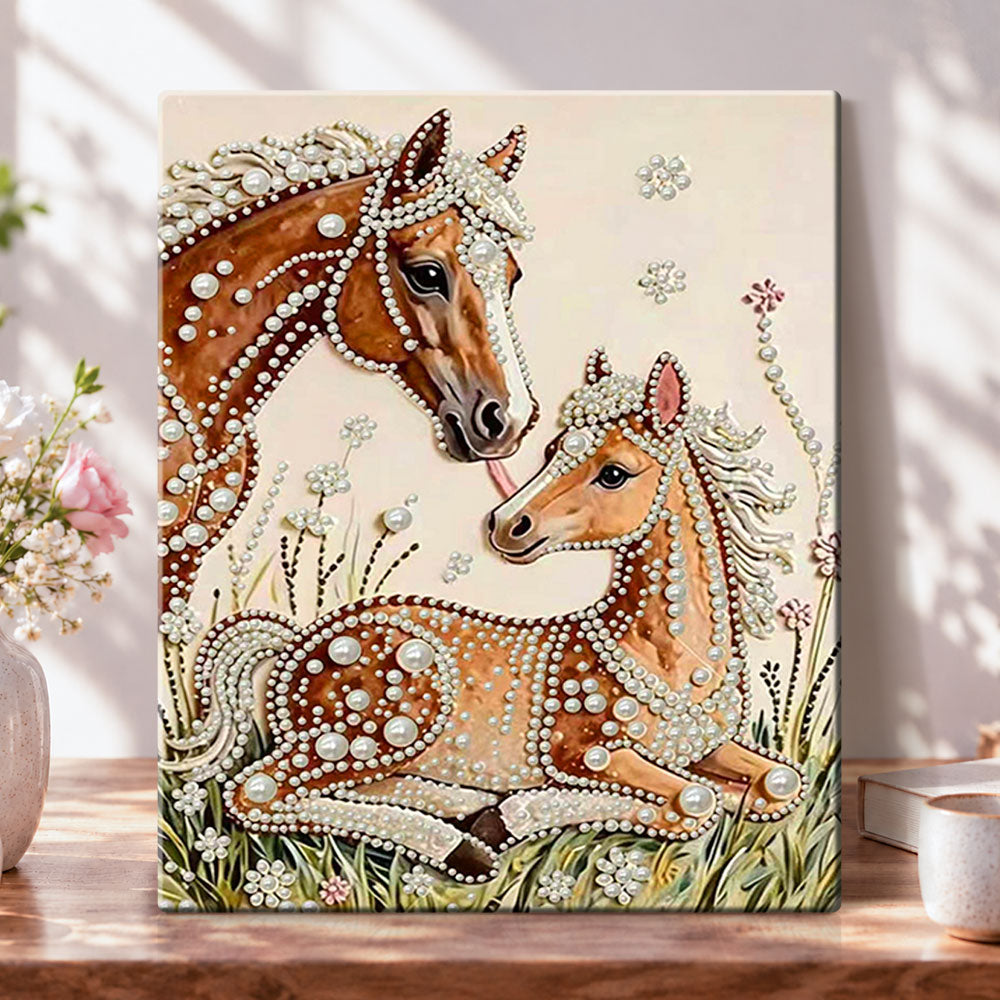 Mare and foal in grass pearl diamond painting kit for beginners