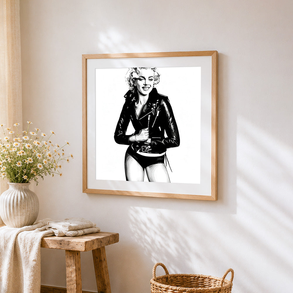 Marilyn monroe black and white illustration cross stitch artwork displayed on wall as home decor