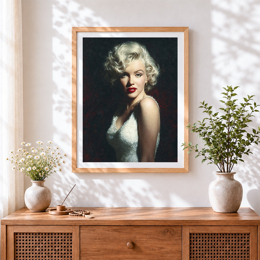 Finished marilyn monroe fine art portrait cross stitch artwork displayed