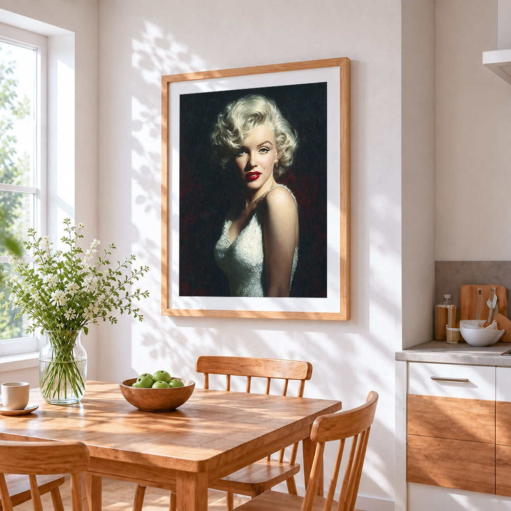 Marilyn monroe fine art portrait cross stitch artwork displayed on wall as home decor