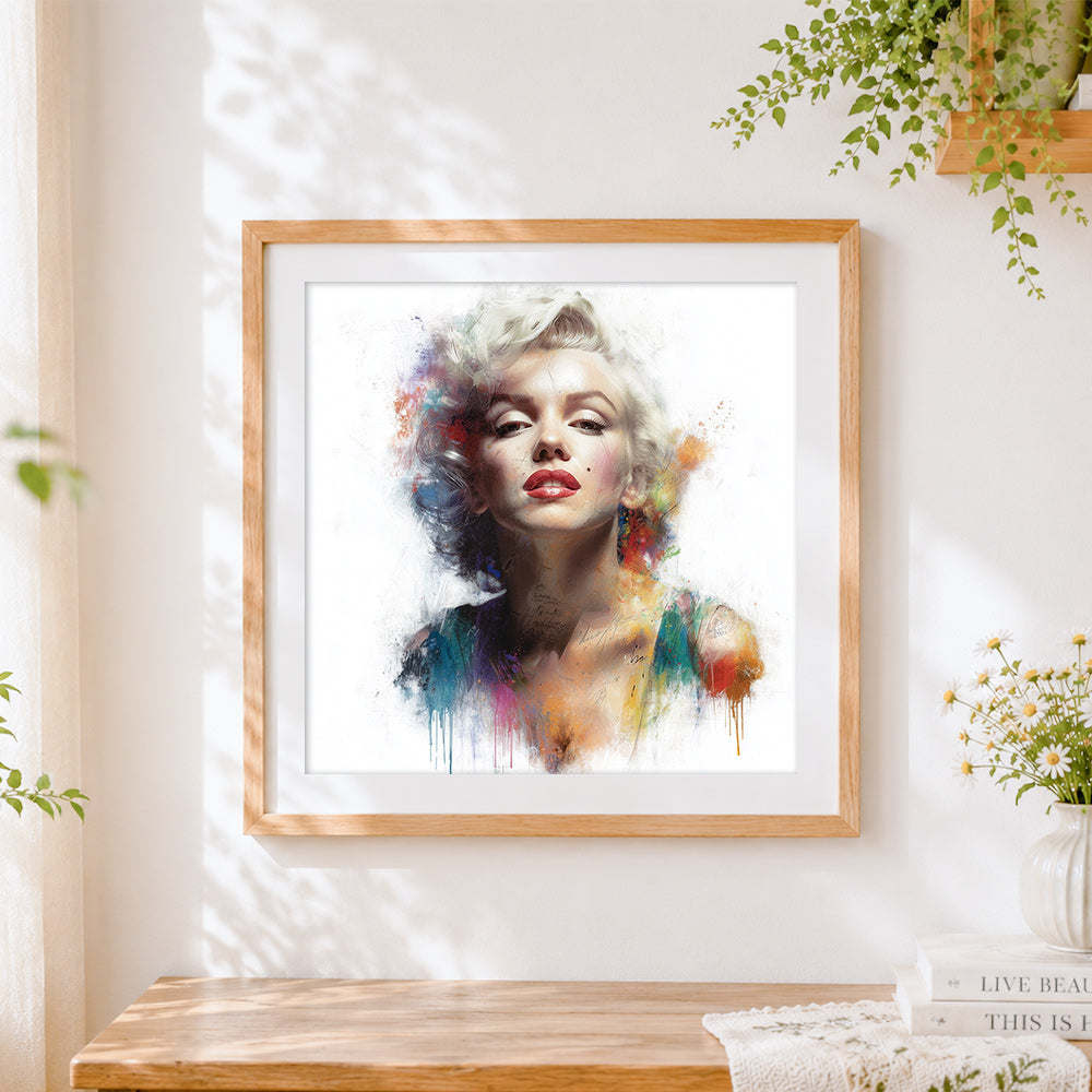 Finished marilyn monroe paint splatter portrait cross stitch artwork displayed