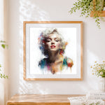 Finished marilyn monroe paint splatter portrait cross stitch artwork displayed