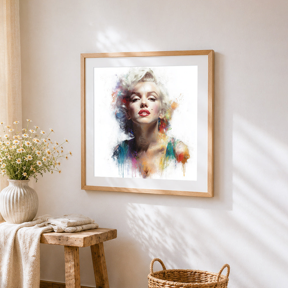 Marilyn monroe paint splatter portrait cross stitch artwork displayed on wall as home decor