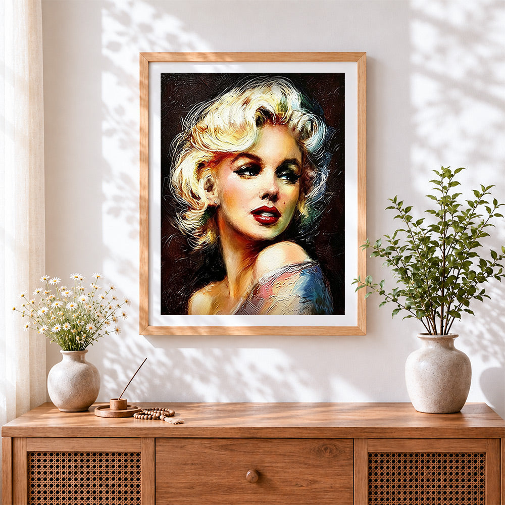 Finished marilyn monroe portrait cross stitch artwork displayed