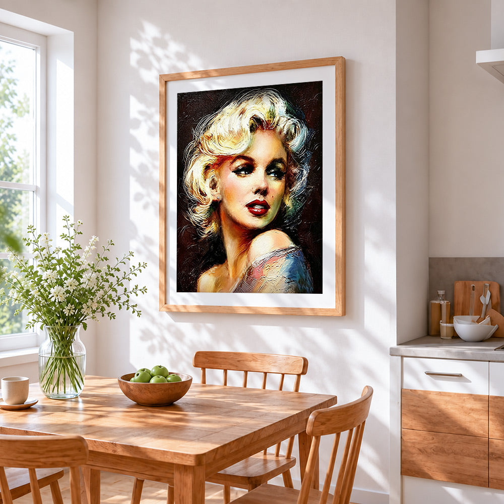Marilyn monroe portrait cross stitch artwork displayed on wall as home decor