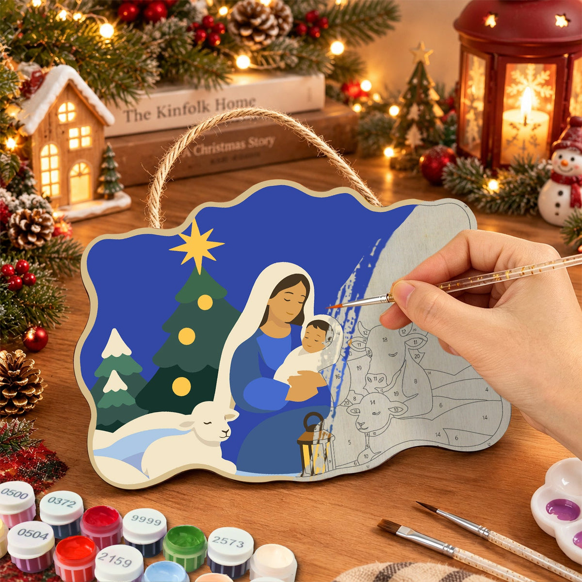 Mary and baby jesus paint by numbers door hanger painting process