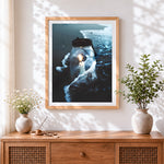 Finished mason jar candle in ocean waves cross stitch artwork displayed