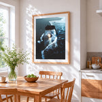Mason jar candle in ocean waves cross stitch artwork displayed on wall as home decor