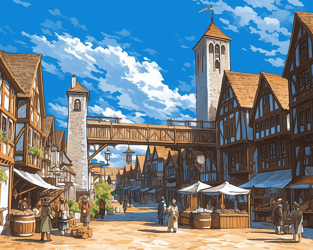 Medieval town street cross stitch kit for beginners
