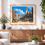Finished medieval town street paint by numbers artwork displayed as home decor
