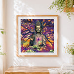 Finished meditating buddha with purple tree cross stitch artwork displayed