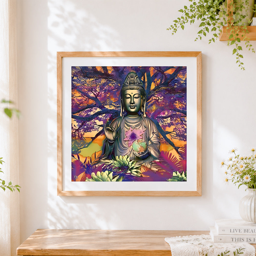 Finished meditating buddha with purple tree cross stitch artwork displayed
