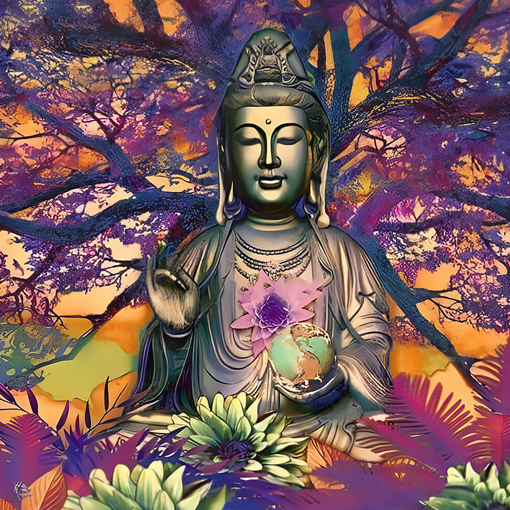Meditating buddha with purple tree cross stitch kit for beginners