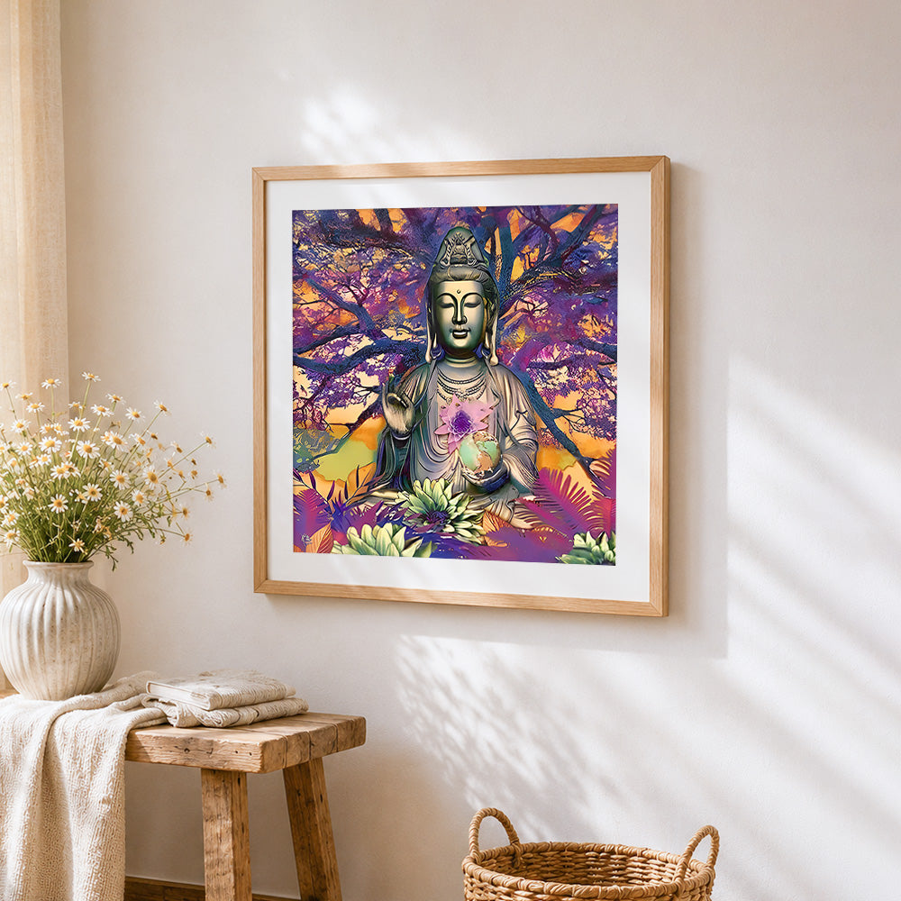 Meditating buddha with purple tree cross stitch artwork displayed on wall as home decor