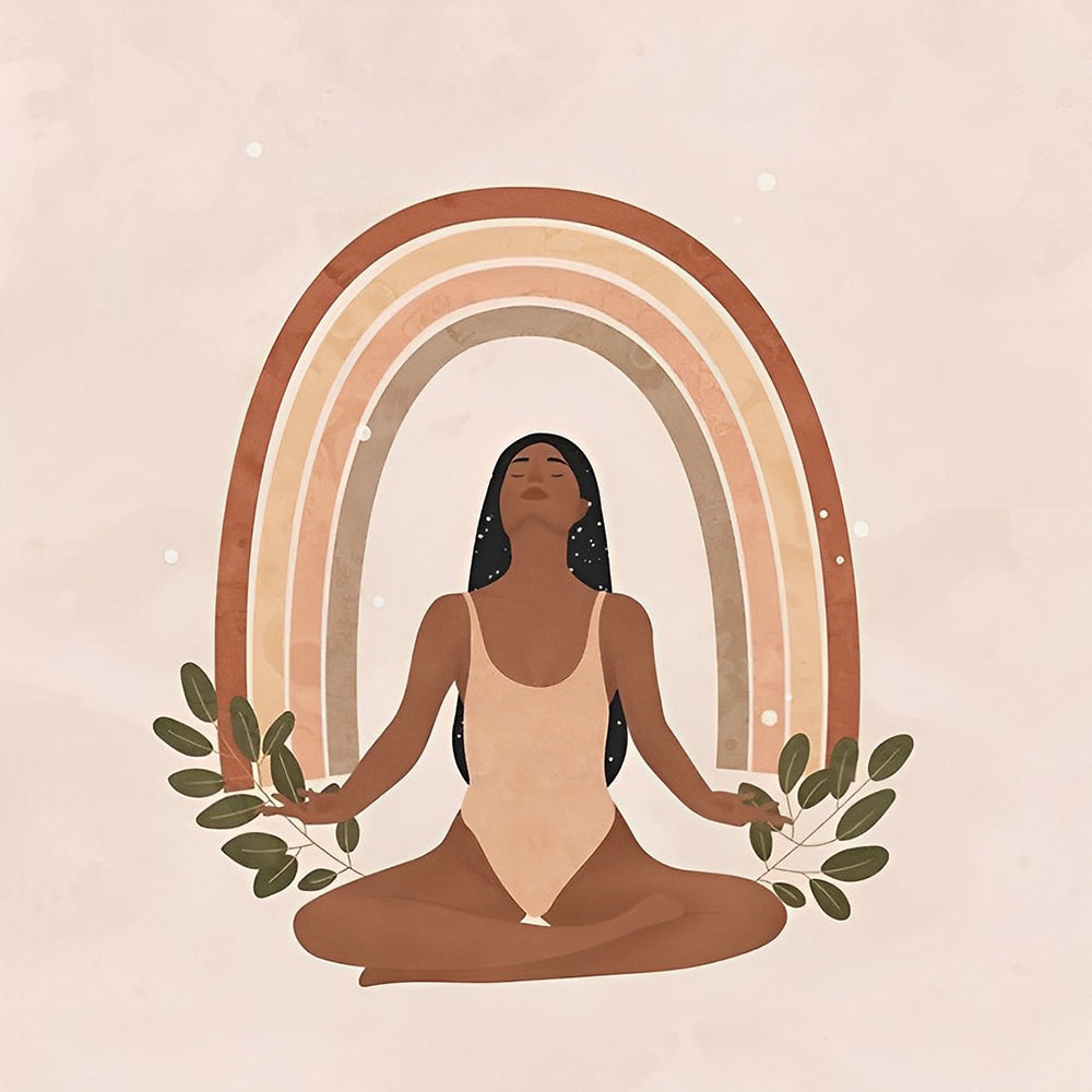 Meditating woman with boho rainbow cross stitch kit for beginners