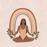 Meditating woman with boho rainbow cross stitch kit for beginners