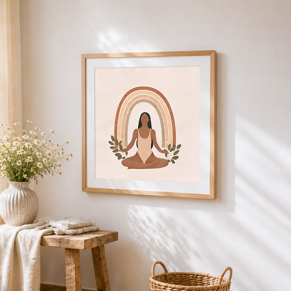 Meditating woman with boho rainbow cross stitch artwork displayed on wall as home decor