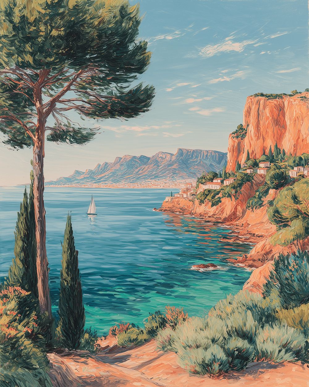 Mediterranean cliffside and sailboat cross stitch kit for beginners