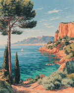 Mediterranean cliffside and sailboat cross stitch kit for beginners