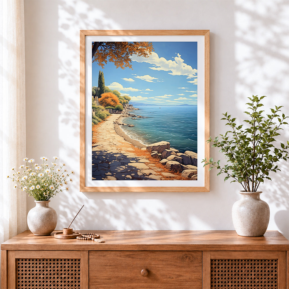 Finished mediterranean coastal path cross stitch artwork displayed