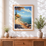 Finished mediterranean coastal path cross stitch artwork displayed