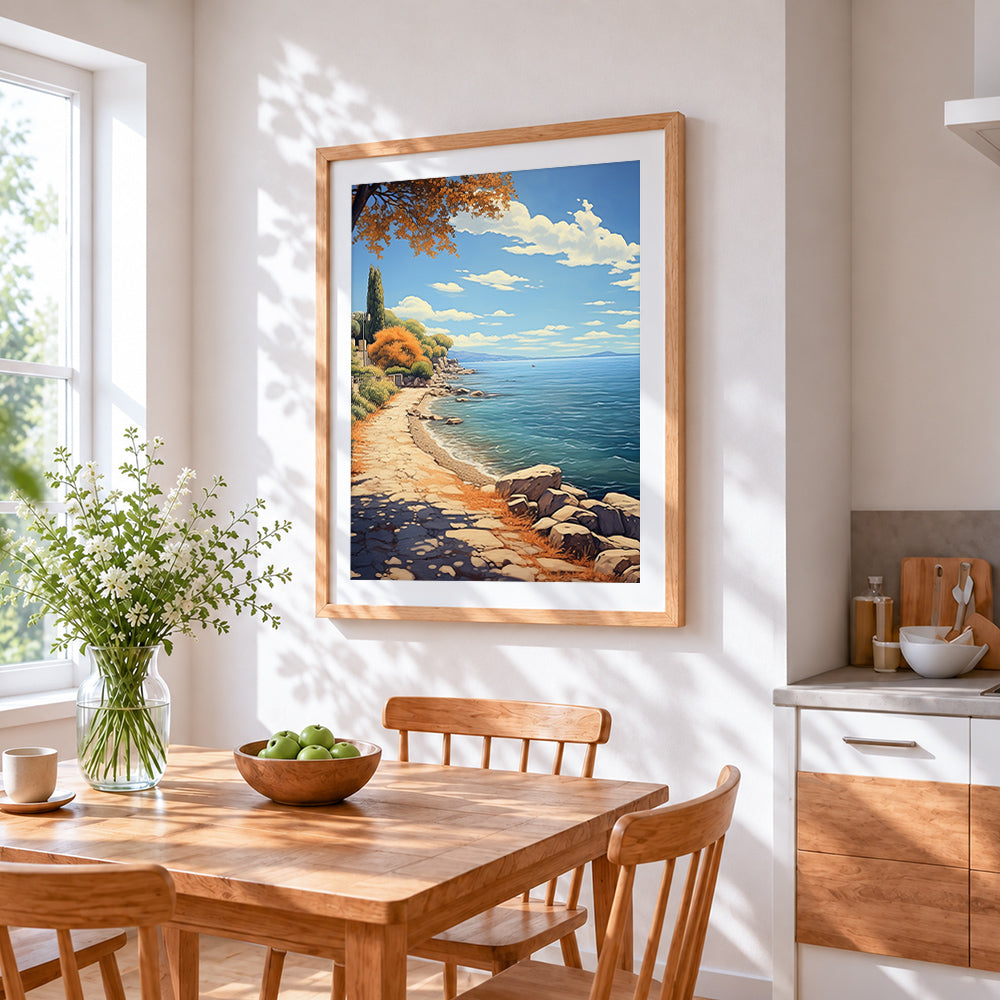 Mediterranean coastal path cross stitch artwork displayed on wall as home decor