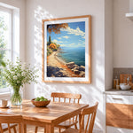 Mediterranean coastal path cross stitch artwork displayed on wall as home decor