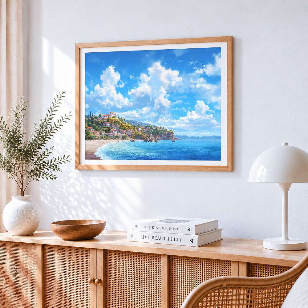 Mediterranean coastal town cross stitch artwork displayed on wall as home decor